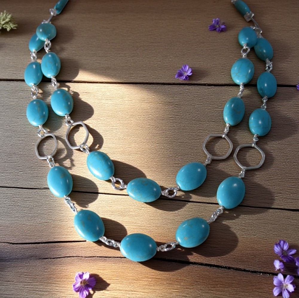 Turquoise Magnasite Necklace, Multi Strand Wrapped Wire Chain